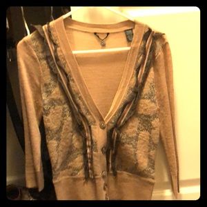 Tan Lace & Textured Cropped Button Down Cardigan